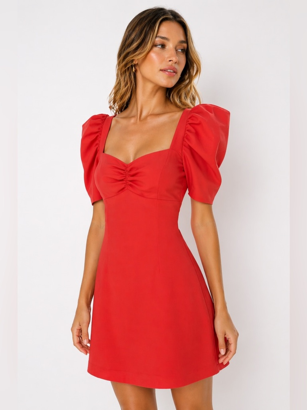 Revolve Likely Zoel Dress Red Puff Sleeve Mini Dress Ruched Bust